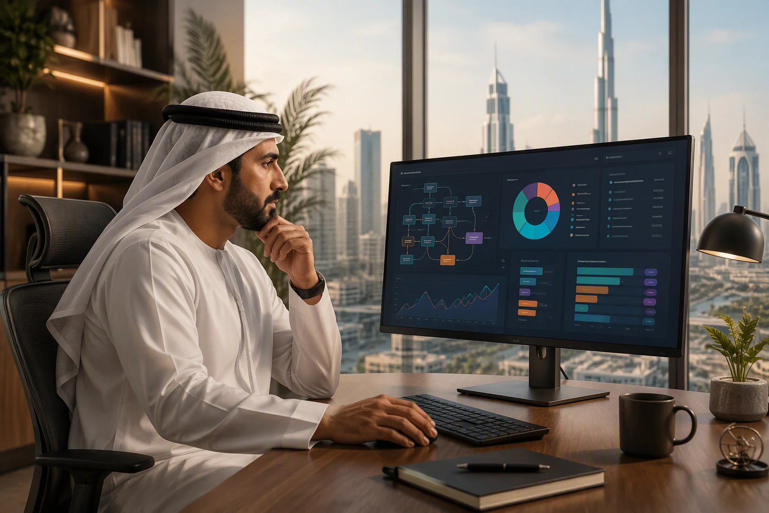UAE tech lead reviewing an AI agent project cost and workflow breakdown on a widescreen monitor in a modern Dubai office