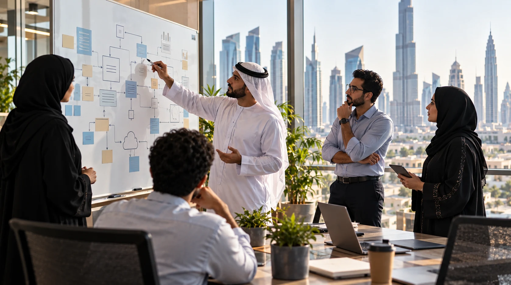 UAE enterprise team mapping an agentic AI implementation plan on a whiteboard, marking scope, guardrails, and integration