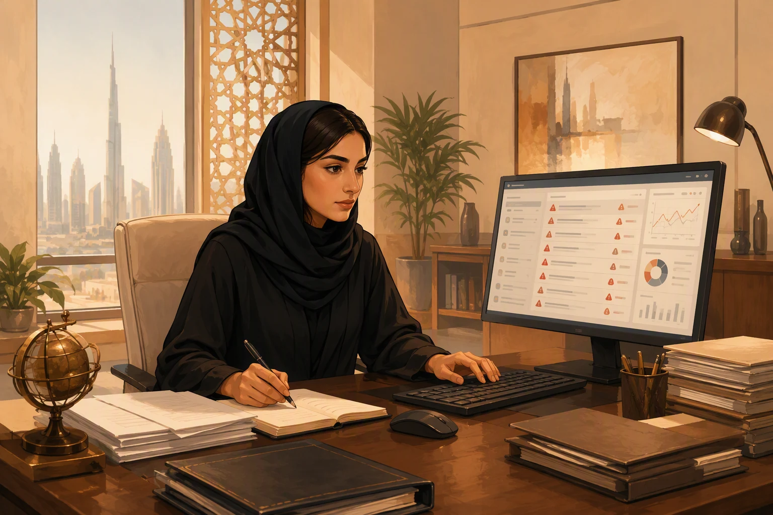 Compliance analyst reviewing flagged transaction alerts at a UAE bank