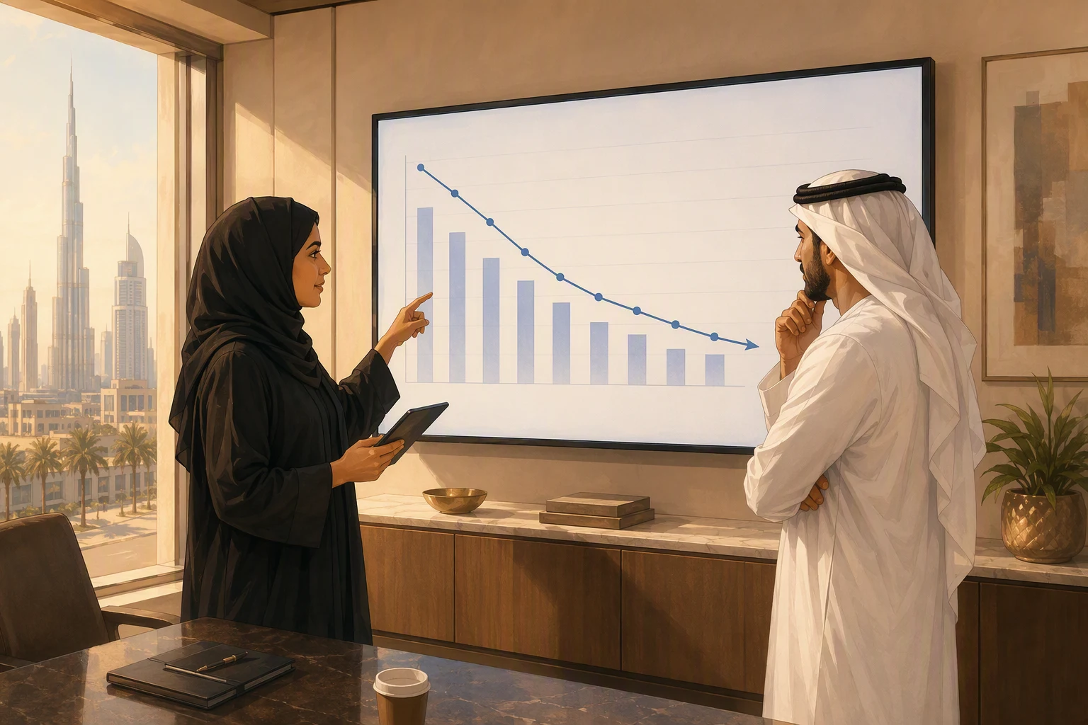 Compliance team reviewing a chart showing a drop in false-positive alerts