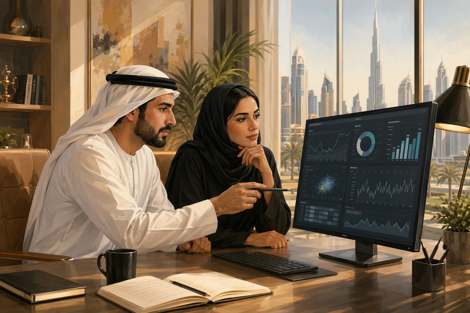 Bank risk analysts reviewing a fraud detection dashboard