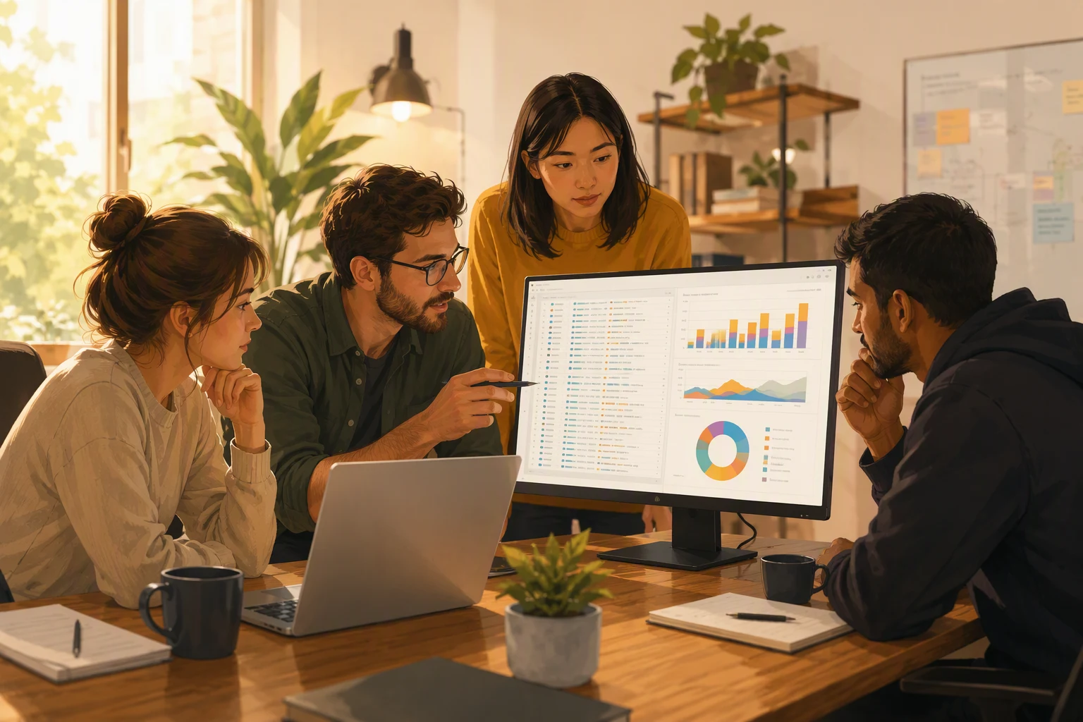Engineering team reviewing production usage logs and request-type breakdown charts