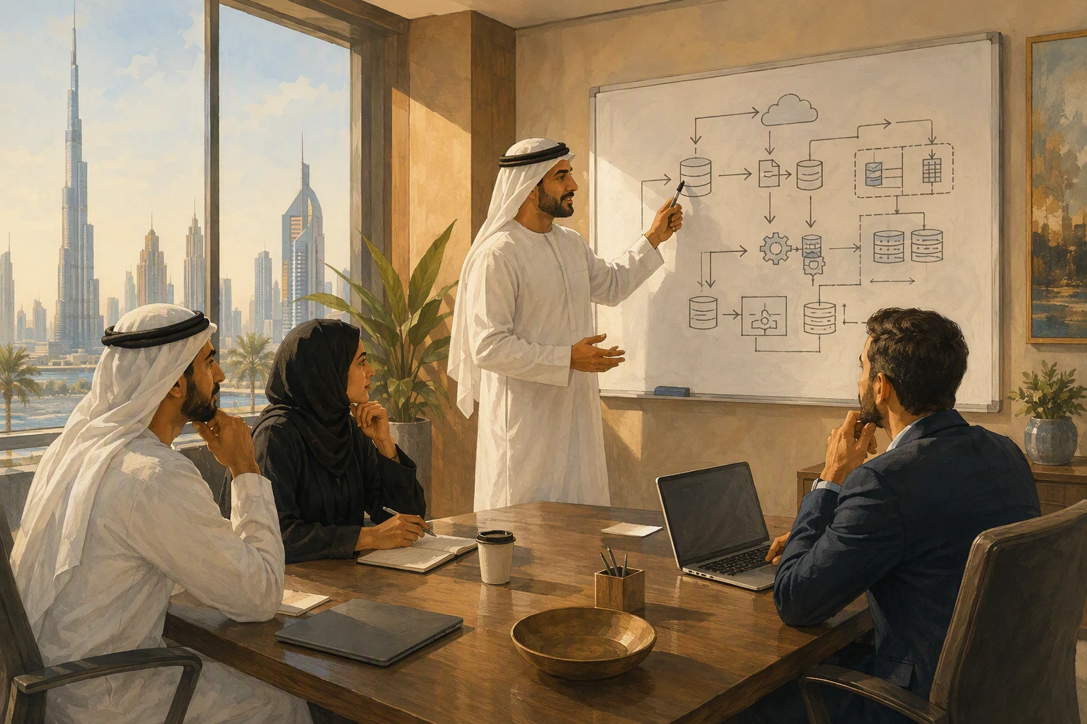 Team discussing a data pipeline architecture sketch on a whiteboard
