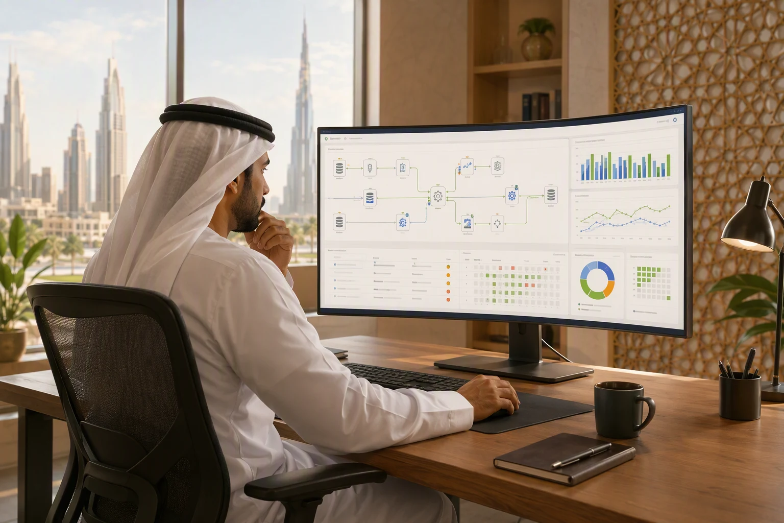 Data engineer auditing a pipeline dashboard with data quality charts