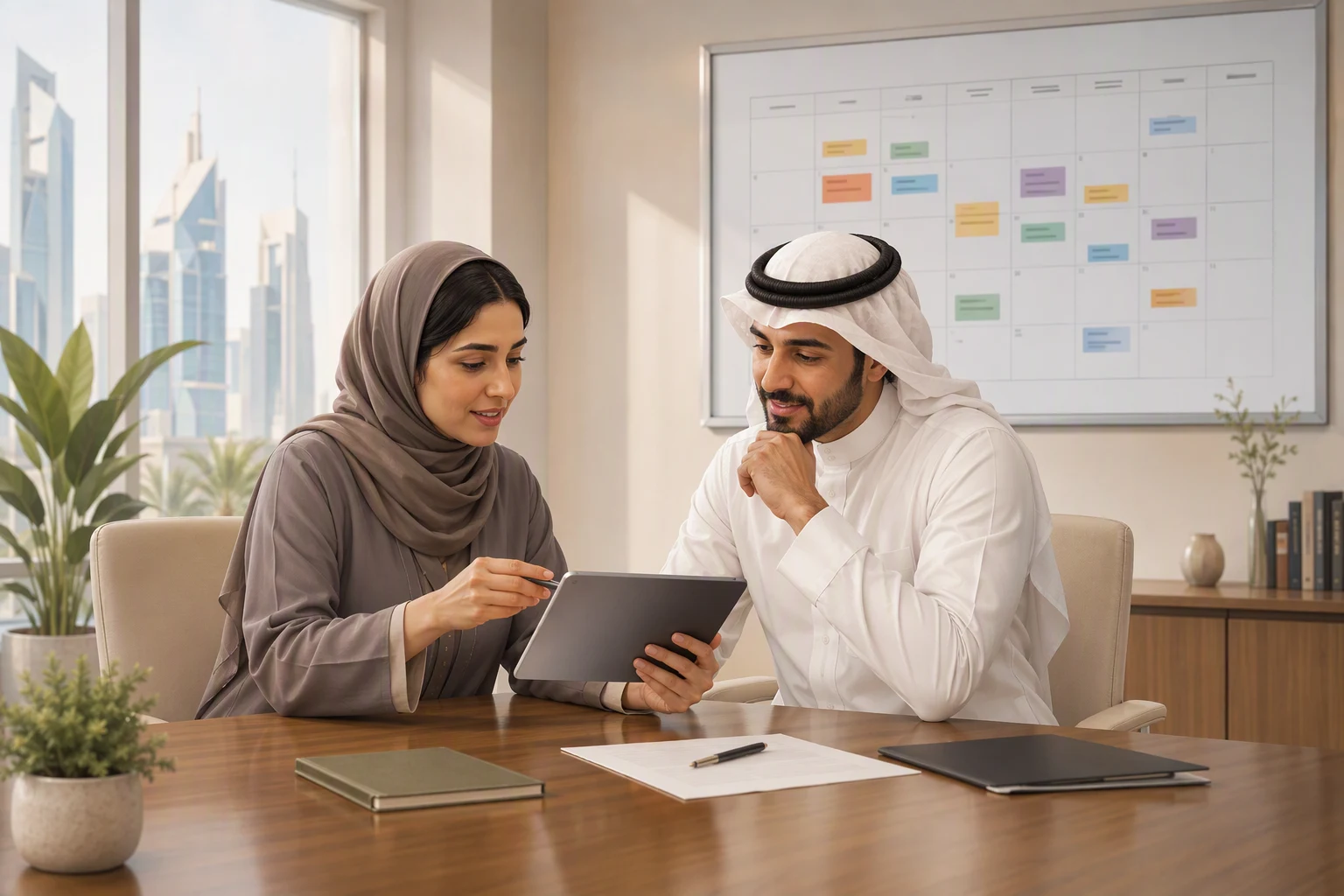 Recruiter and hiring manager reviewing an automated interview schedule and calendar together on a tablet in a bright modern Middle East office