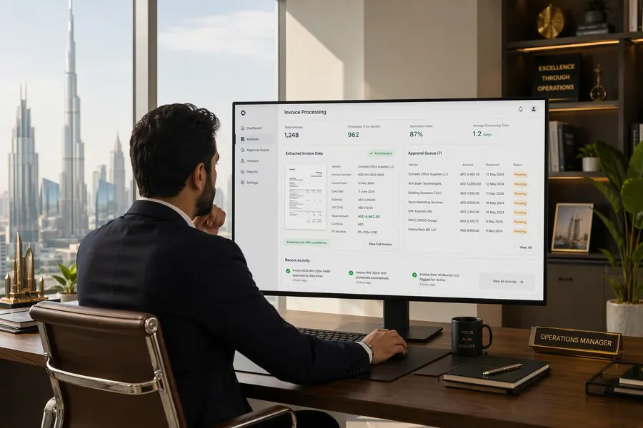 Operations manager in a Dubai office reviewing an automated invoice-processing dashboard showing extracted invoice data and an approval queue