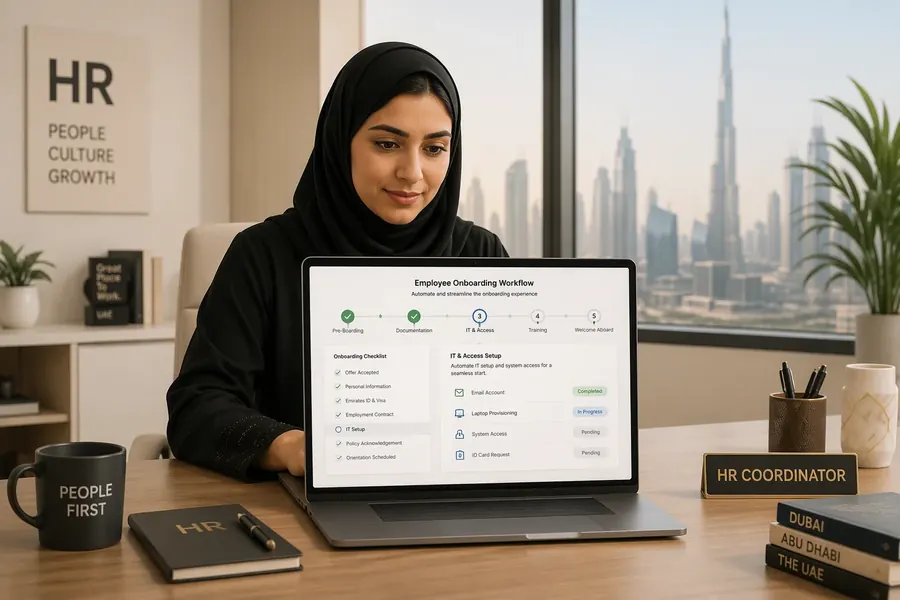 HR coordinator in a UAE office setting up an automated employee onboarding workflow on a laptop, showing a checklist and progress steps on screen
