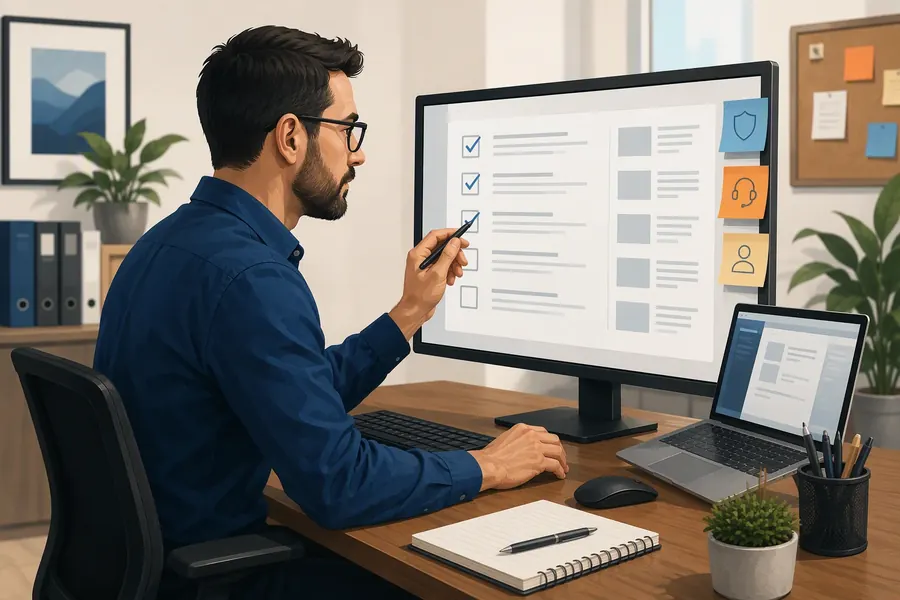 IT support lead reviewing a documentation checklist on a monitor, checking off completed articles