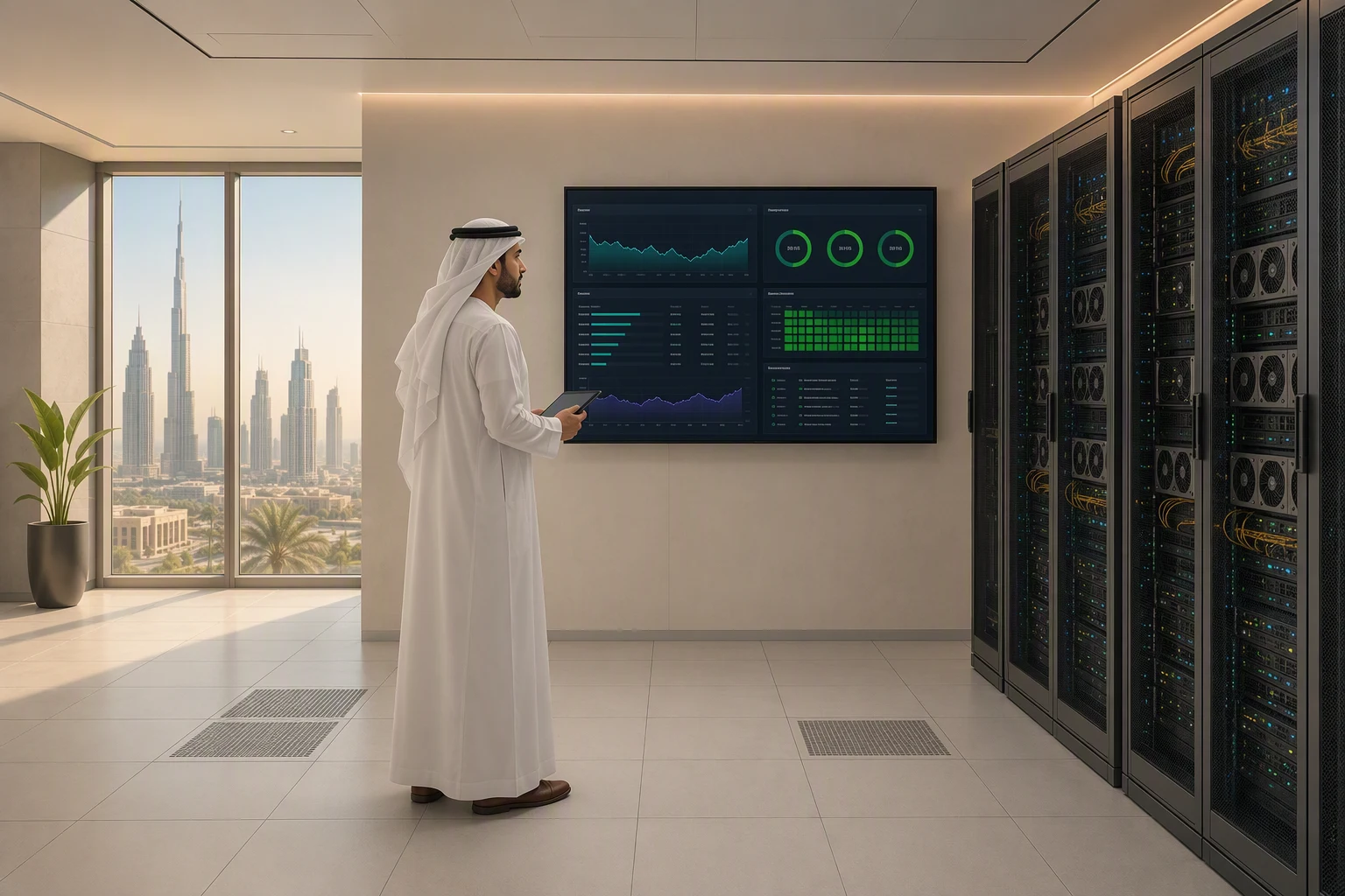 GCC IT infrastructure engineer reviewing GPU server rack status on a wall-mounted monitor in a modern on-premise data center in Dubai