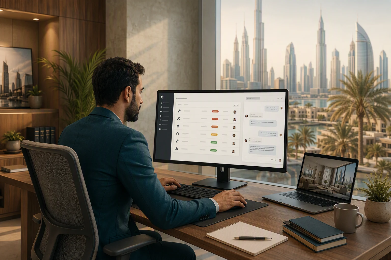 Property manager in a Dubai office reviewing a maintenance request triage dashboard with urgency tags, alongside a bilingual Arabic and English tenant chat panel