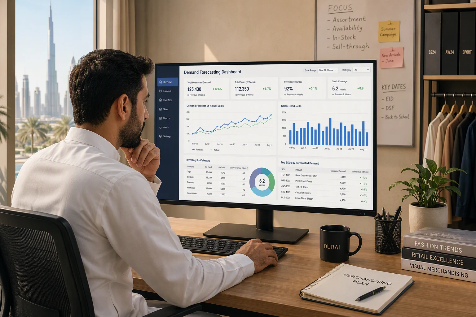 A retail merchandising manager in a modern UAE store back office reviewing a demand forecasting dashboard with inventory and sales trend charts on a widescreen monitor