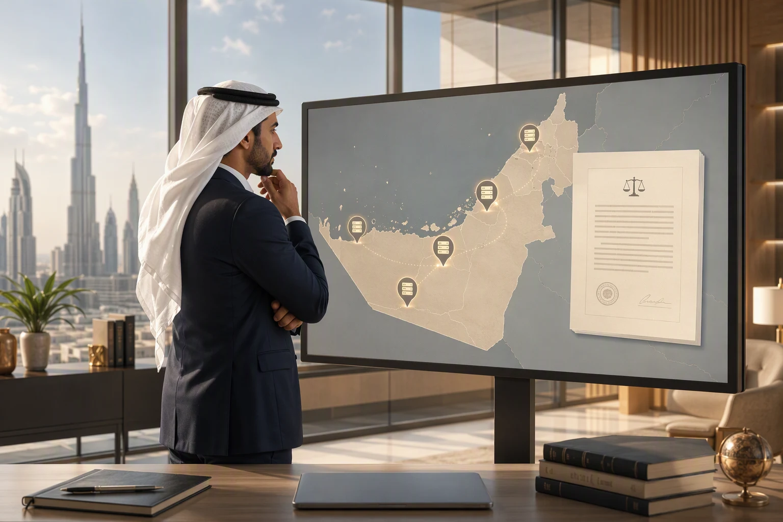 Compliance officer reviewing a UAE data residency map on a monitor